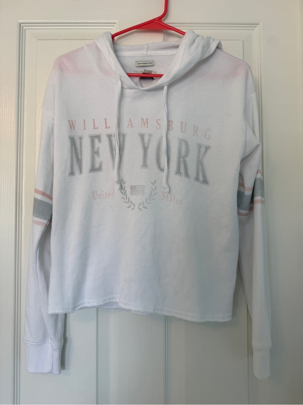 American Eagle Outfitters White Hoodie with Pink and Gray Accents